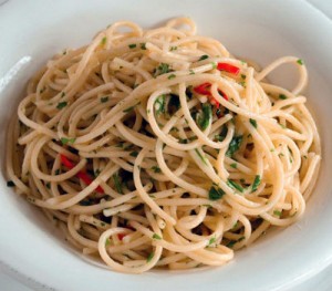 Spaghetti with olive oil, chilli and garlic