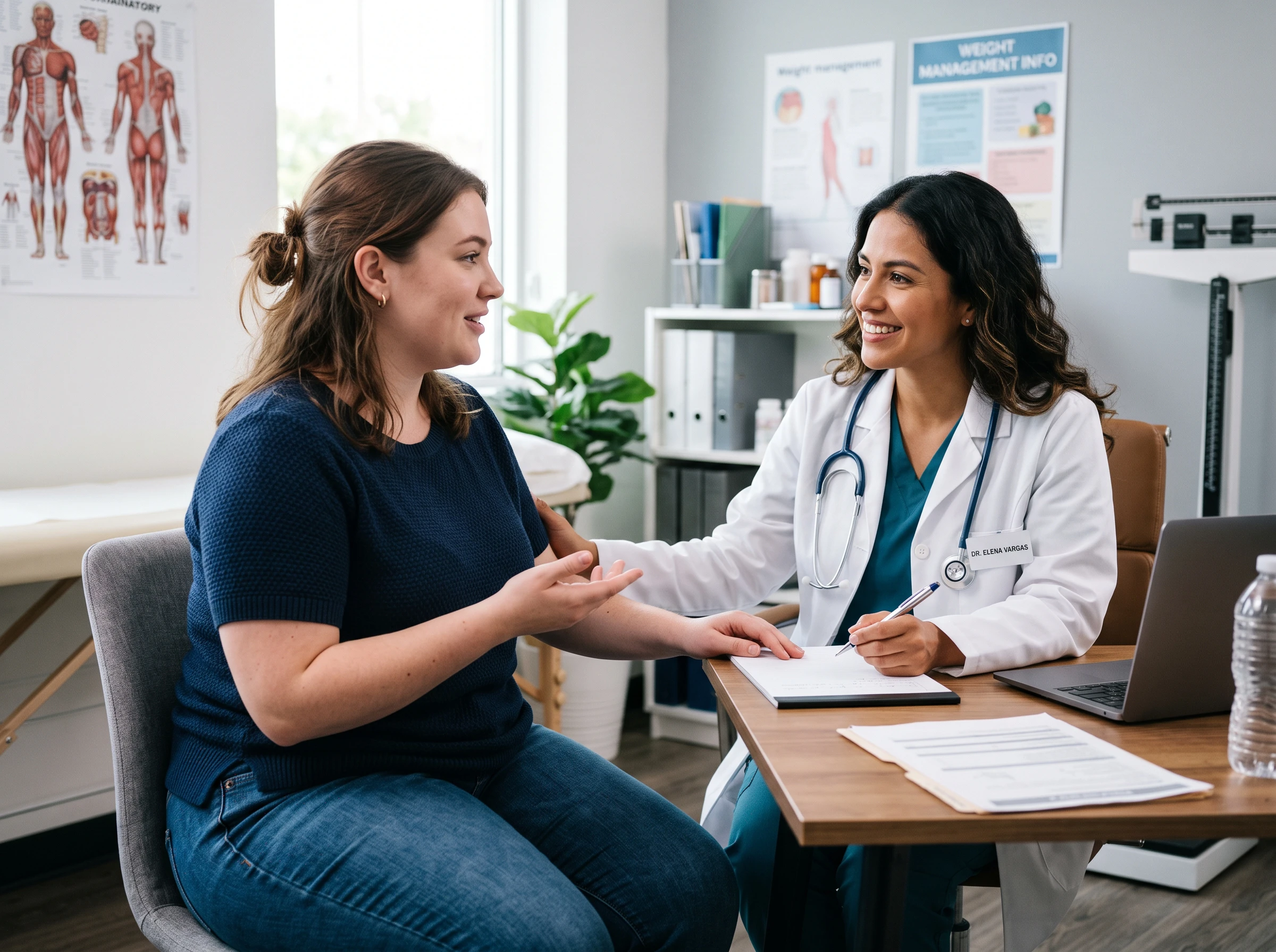 Create image "Asking chubby girl asking about weight loss with beautiful latin doctor"
Size: 1600x1200px
snapped by Nikon Z50 II
Do not include any fancy editing in the photo. It should be simple snapped photo.