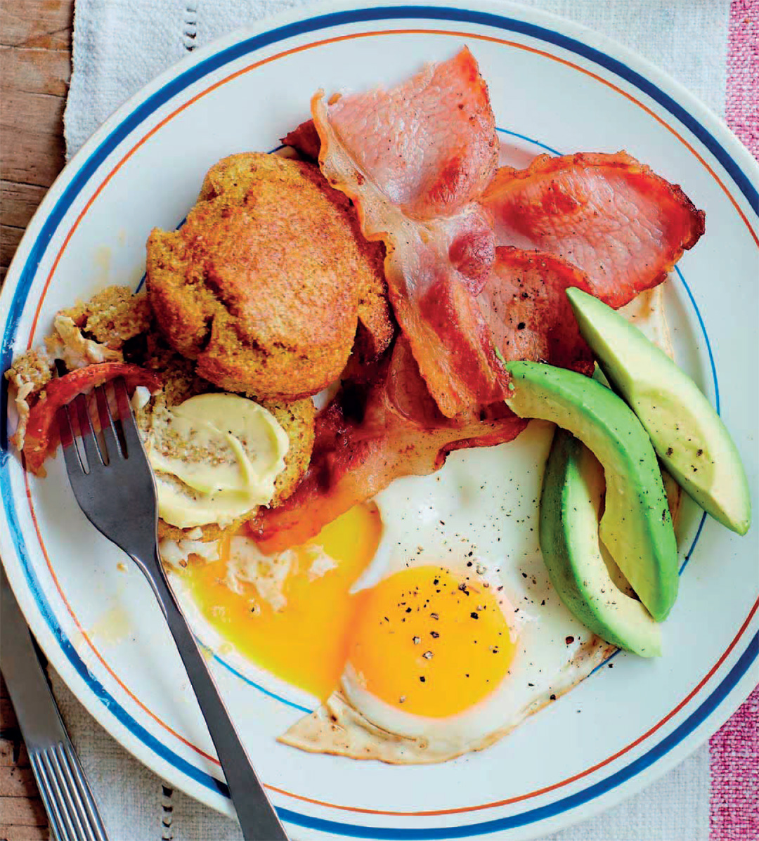 Quinoa and Polenta Muffins with Eggs, Bacon, and Avocado Recipe