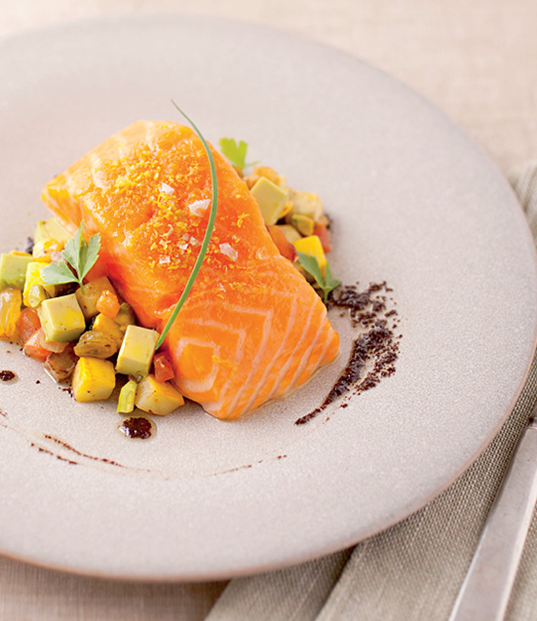 The Five Fat Challenge SalmonAvocado Caponata with Pistachios and Black Olive Oil Recipe
