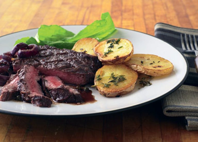 Red winemarinated flank steak with roasted potatoes with thyme recipe Healthy Recipe