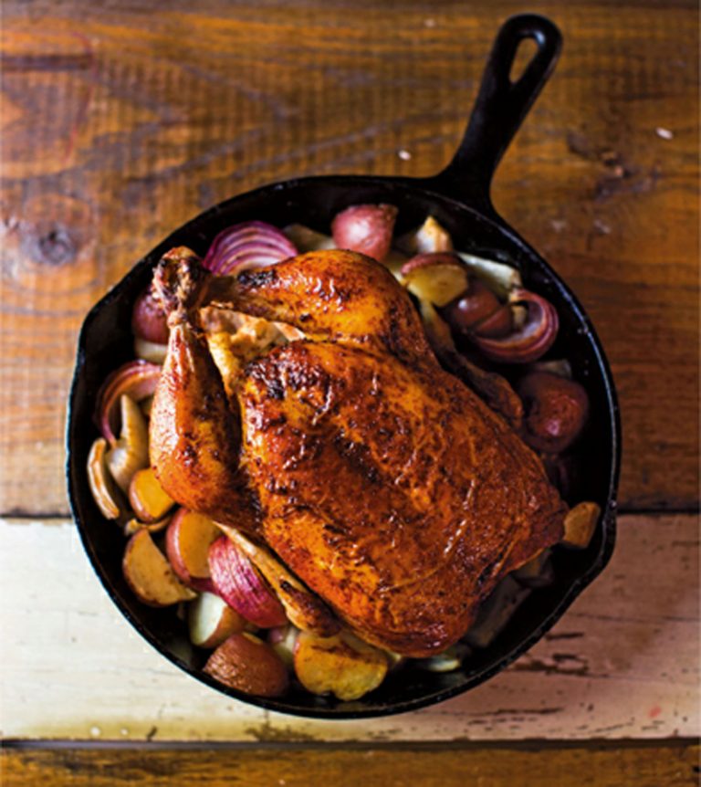 Skilletroasted hot chicken over potatoes, onion, and fennel recipe